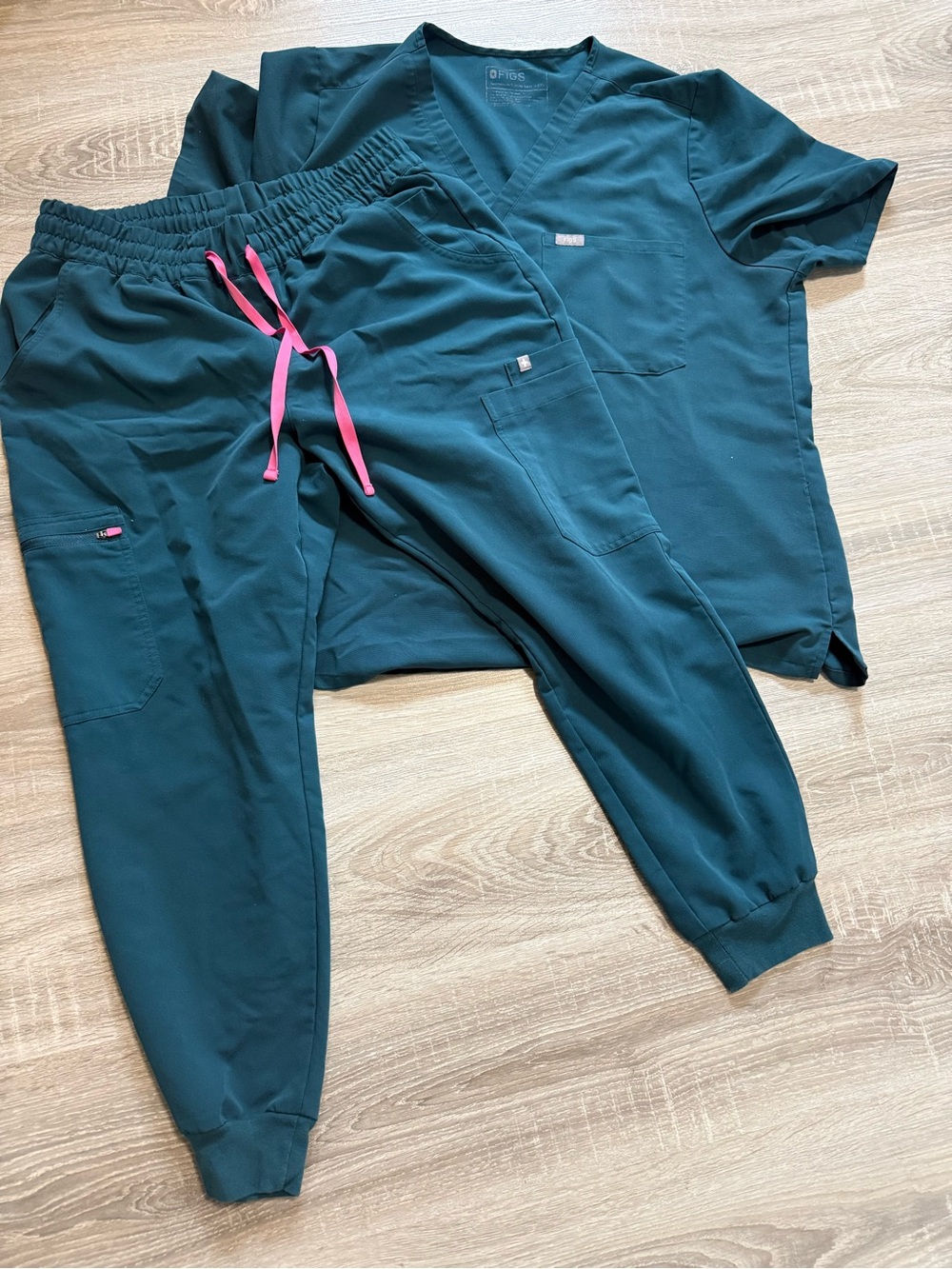 FIGS Teal Jogger Scrub Bottoms with Pink Drawstring